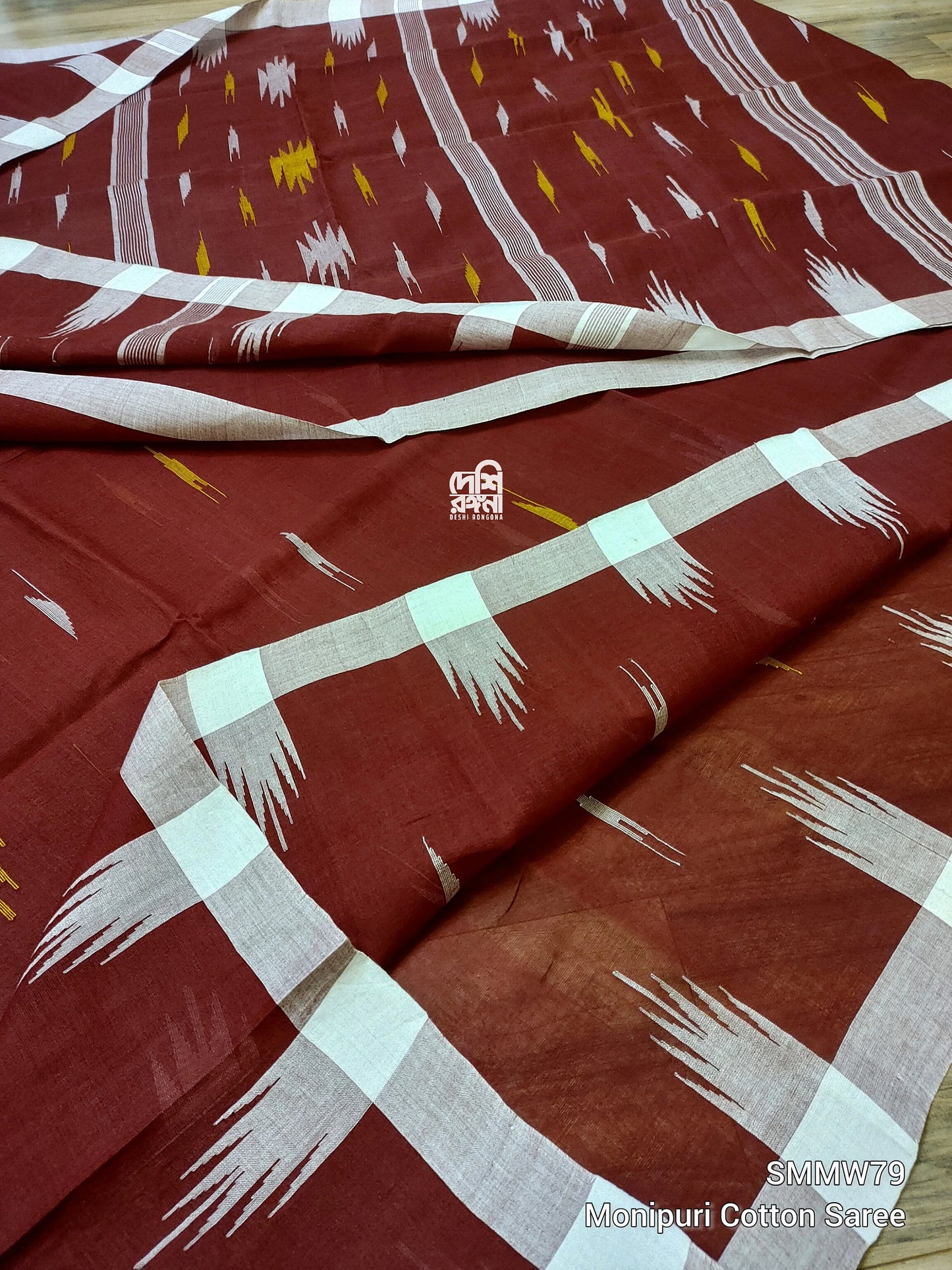 Sylheti Monipuri Handwoven Saree – Maroon & White Border