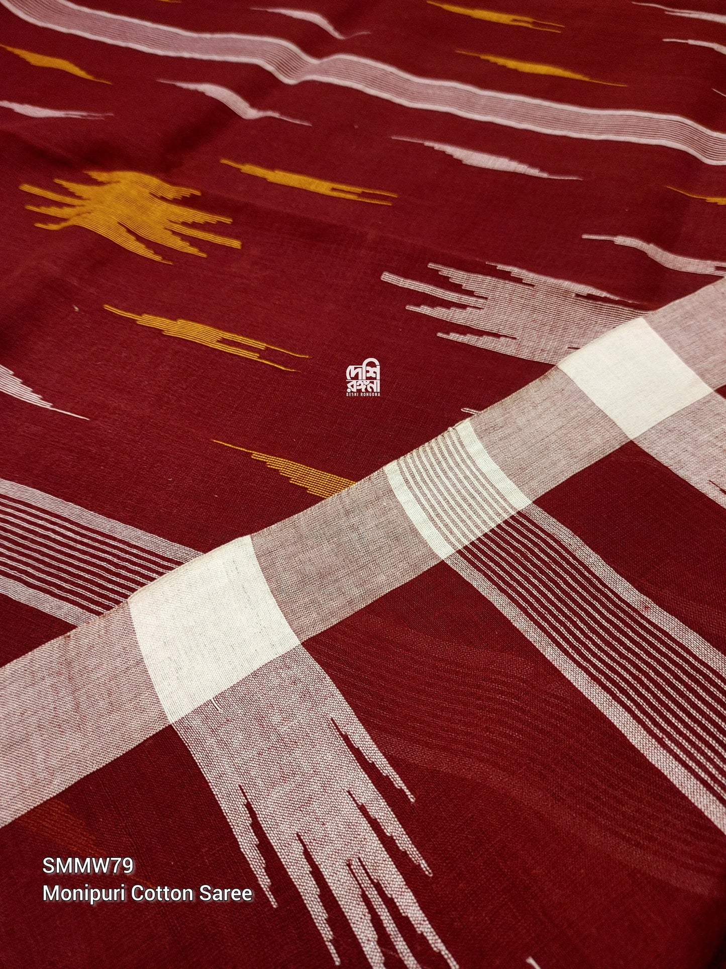 Sylheti Monipuri Handwoven Saree – Maroon & White Border