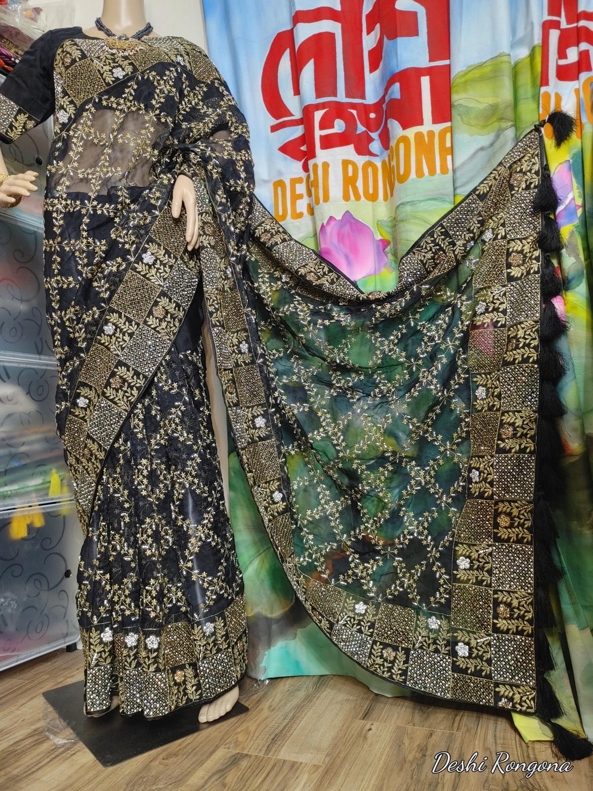 Original Moslin Hand Karchupi work Saree, Black