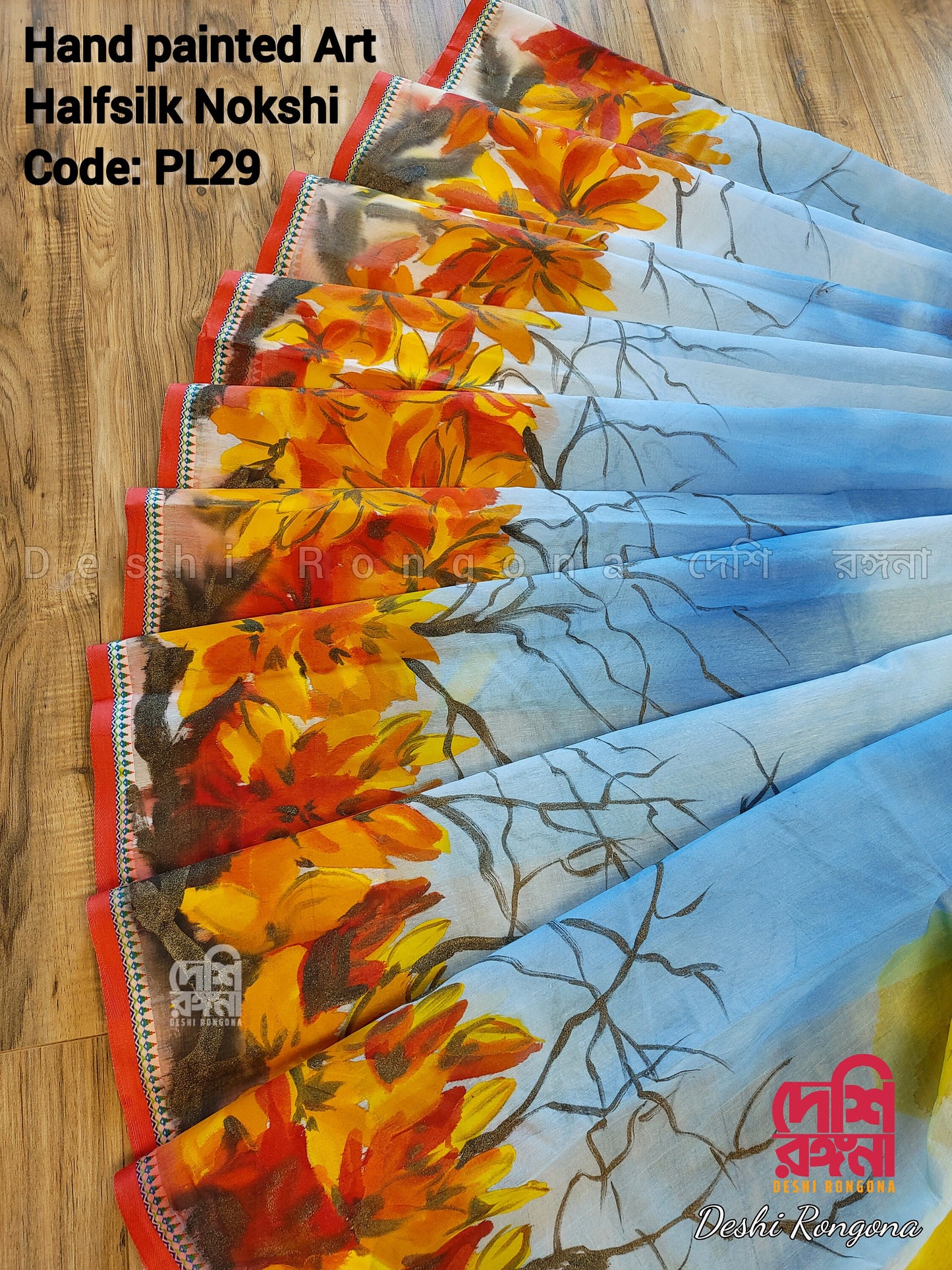 Butea Bloom Nokshi Saree – Handpainted Halfsilk