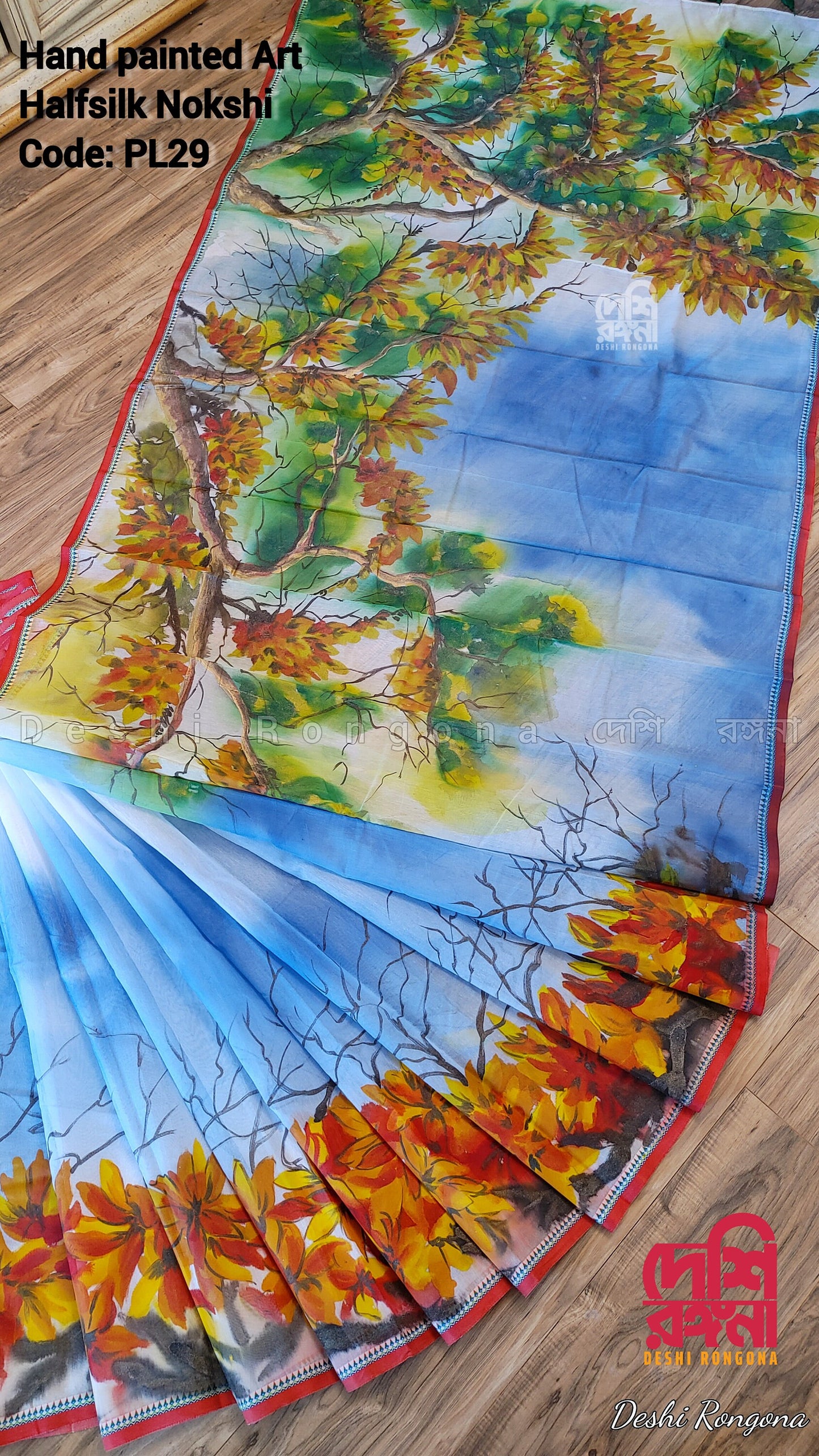 Butea Bloom Nokshi Saree – Handpainted Halfsilk