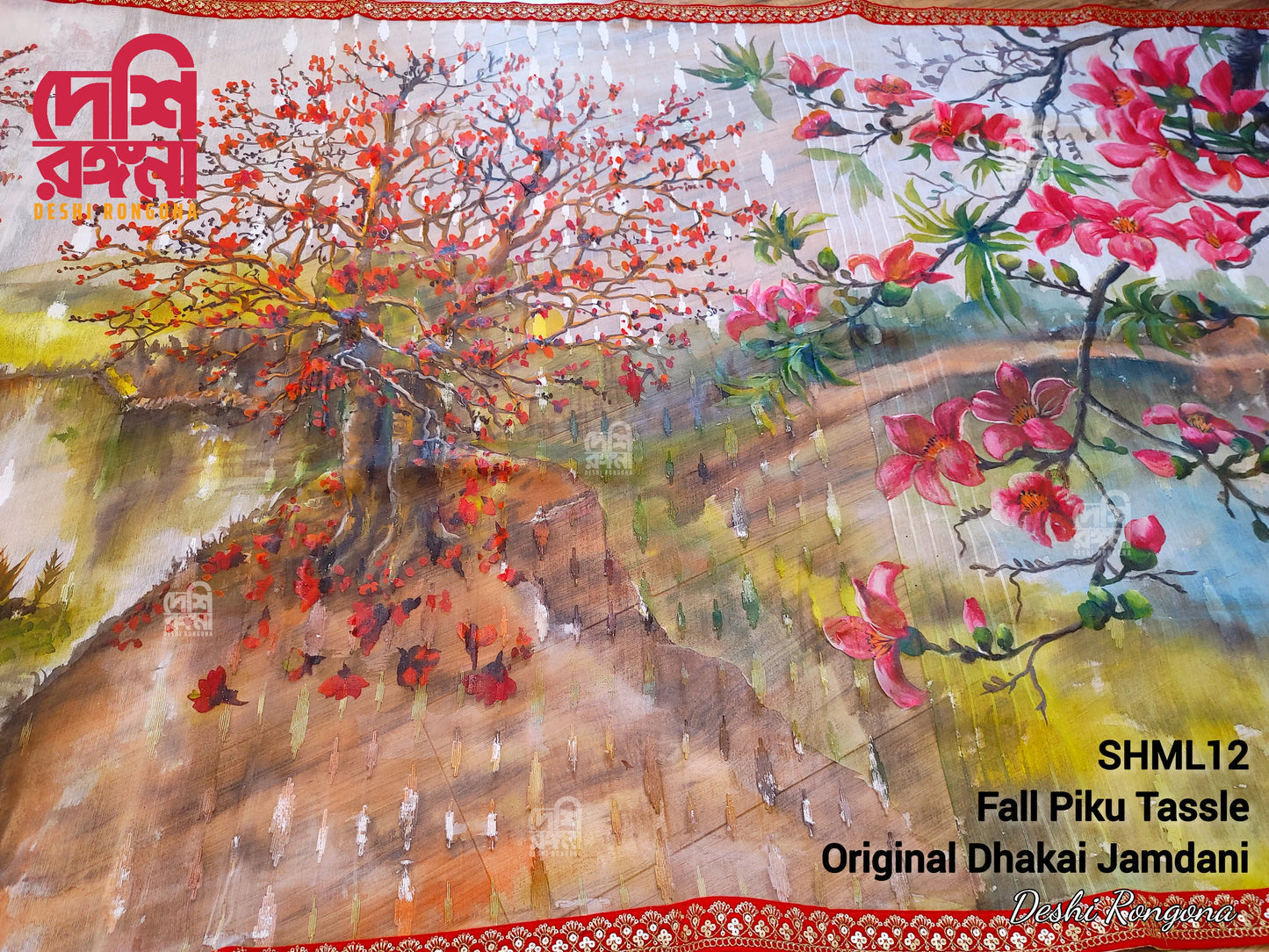 Bombax Orchard Jamdani – Handpainted Halfsilk Saree
