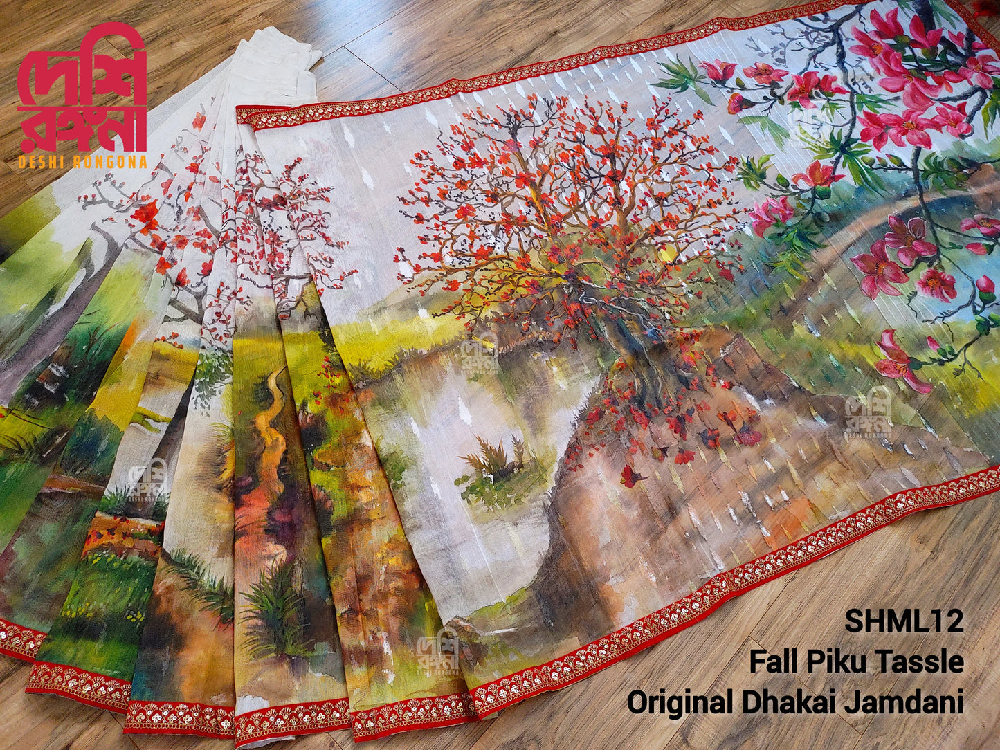 Bombax Orchard Jamdani – Handpainted Halfsilk Saree