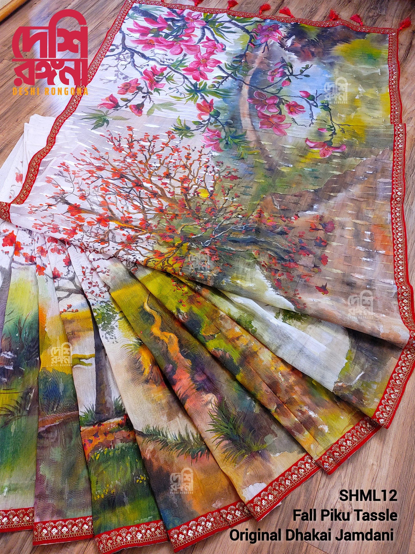 Bombax Orchard Jamdani – Handpainted Halfsilk Saree