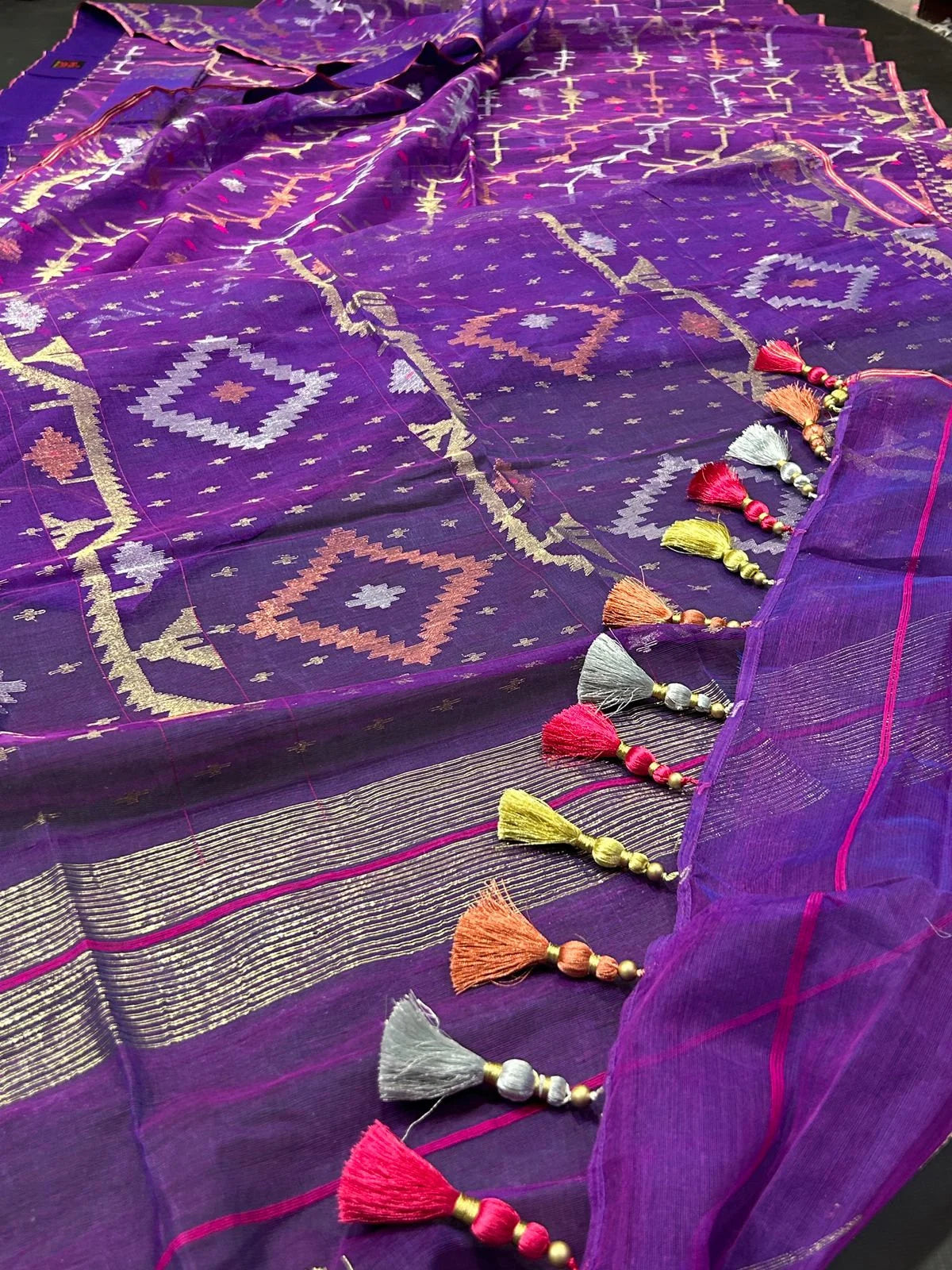 Elegant Purple Dhakai Jamdani Saree - Handloom Classic
