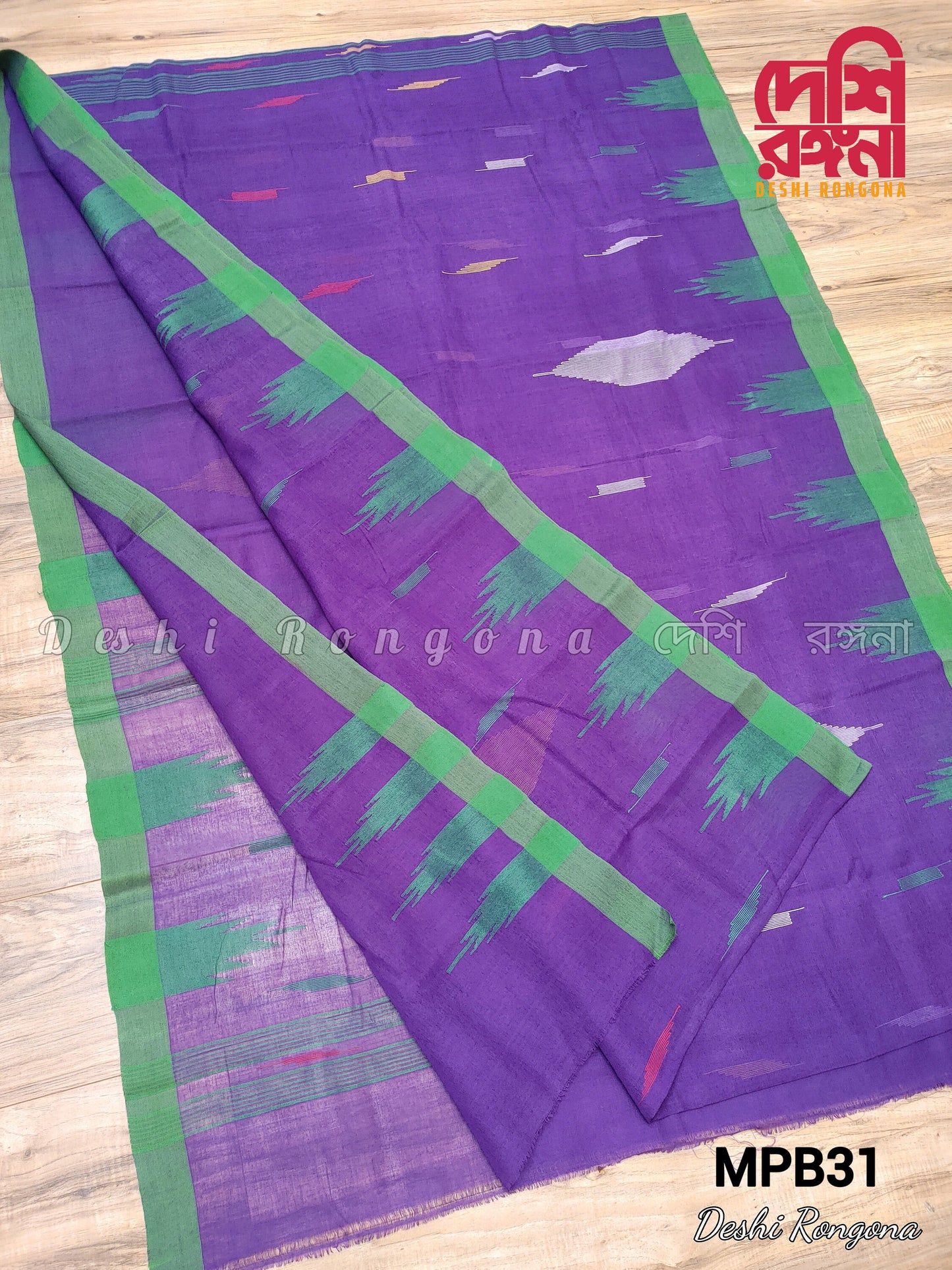 Sylheti Monipuri Handwoven Saree – Purple & Green Border