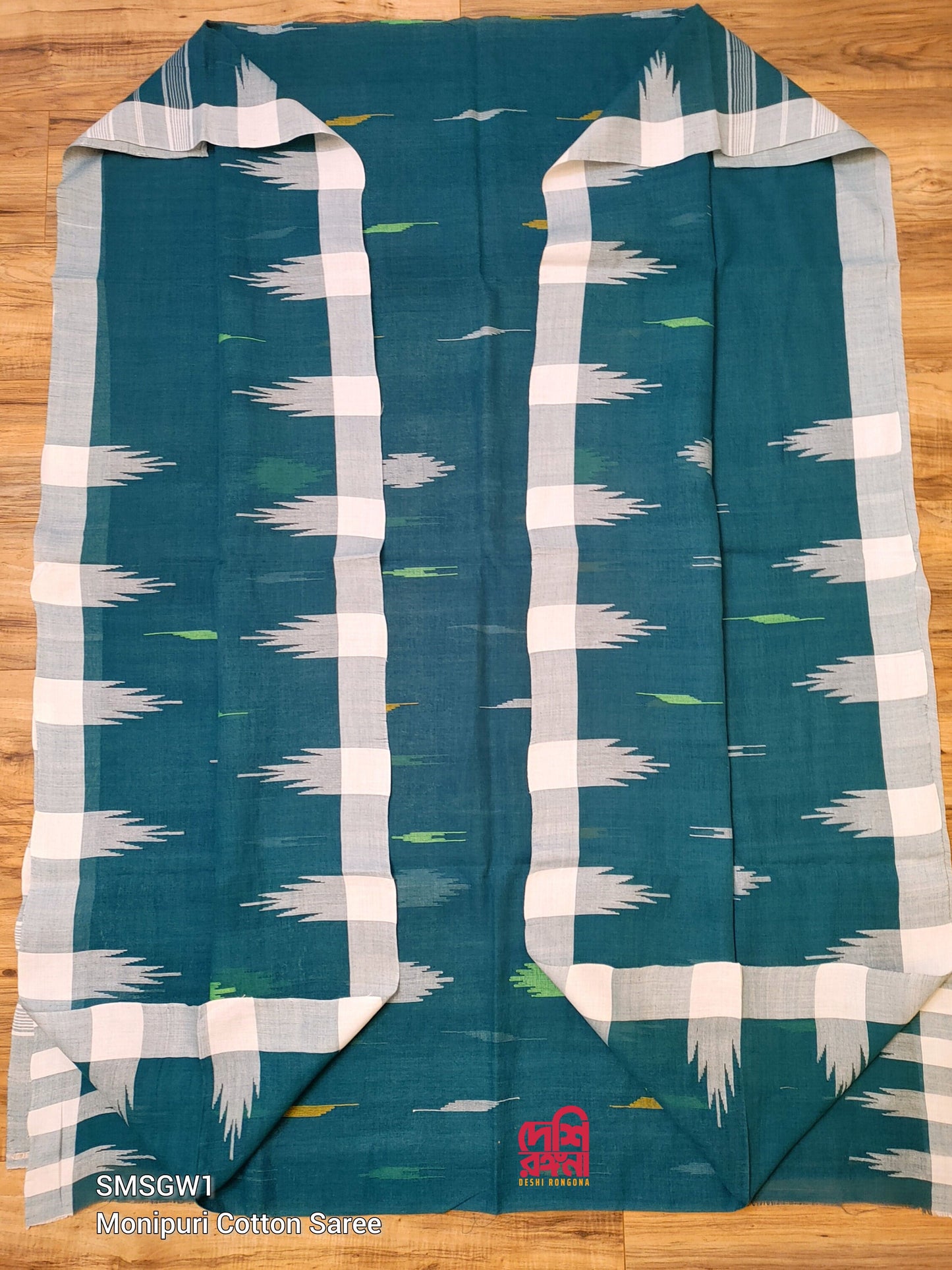 Sylheti Monipuri Handwoven Cotton Saree – Teal & White