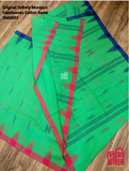 Sylheti Monipuri Handwoven Cotton Saree – Neon Green Beauty