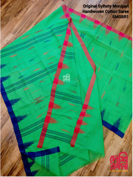 Sylheti Monipuri Handwoven Cotton Saree – Neon Green Beauty