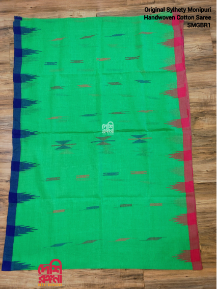 Sylheti Monipuri Handwoven Cotton Saree – Neon Green Beauty
