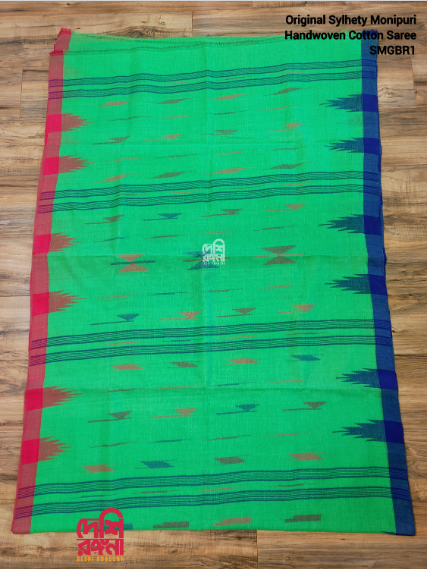 Sylheti Monipuri Handwoven Cotton Saree – Neon Green Beauty