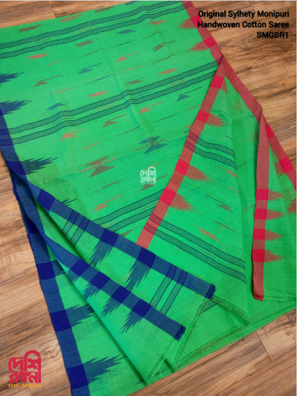 Sylheti Monipuri Handwoven Cotton Saree – Neon Green Beauty