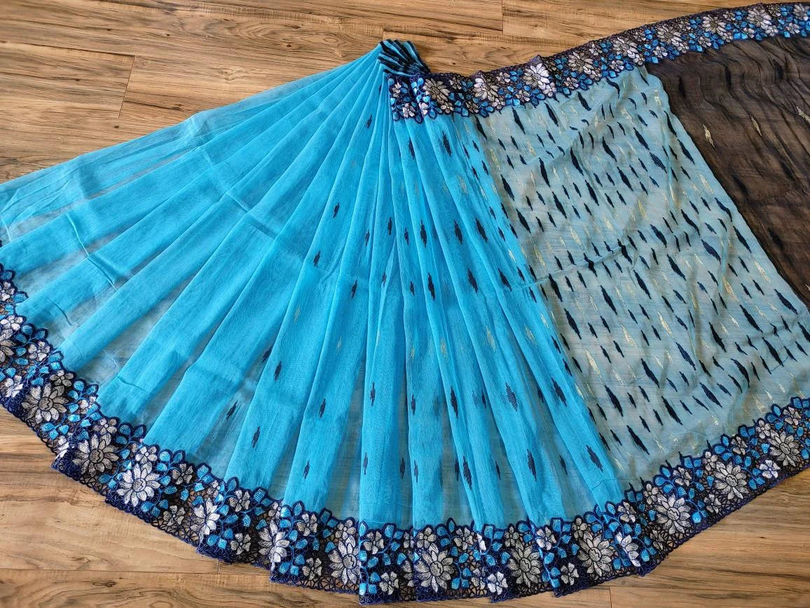 Sky Blue Dhakai Jamdani with Cutwork Embroidery