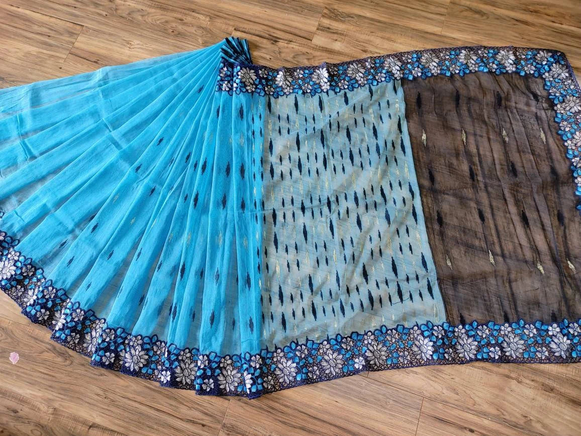 Sky Blue Dhakai Jamdani with Cutwork Embroidery