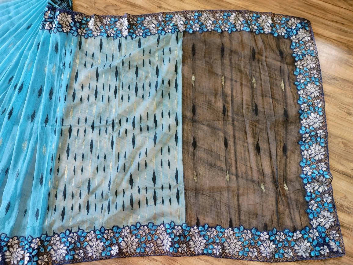 Sky Blue Dhakai Jamdani with Cutwork Embroidery
