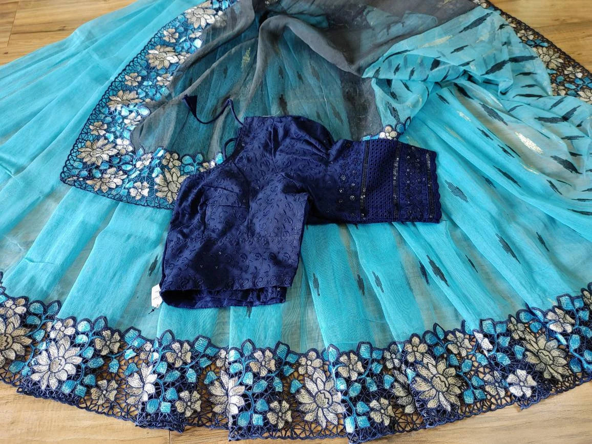 Sky Blue Dhakai Jamdani with Cutwork Embroidery