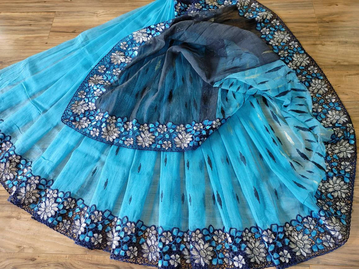 Sky Blue Dhakai Jamdani with Cutwork Embroidery