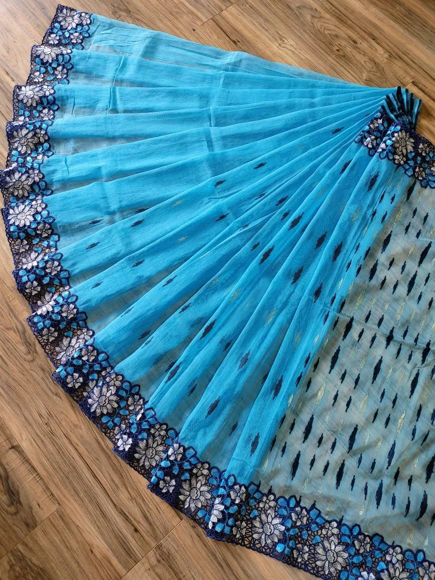 Sky Blue Dhakai Jamdani with Cutwork Embroidery