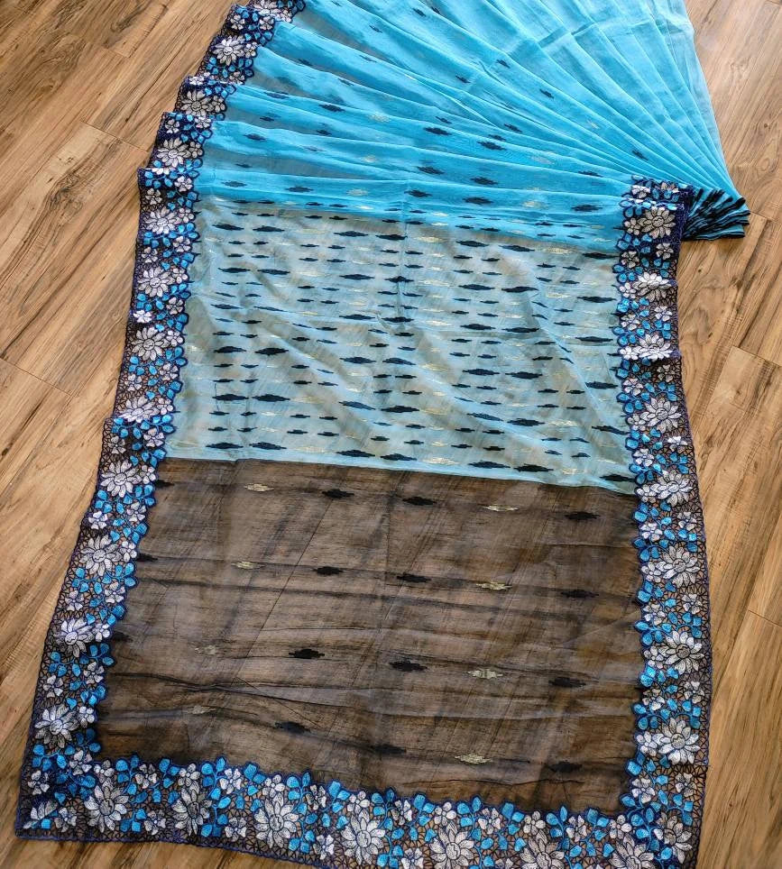 Sky Blue Dhakai Jamdani with Cutwork Embroidery