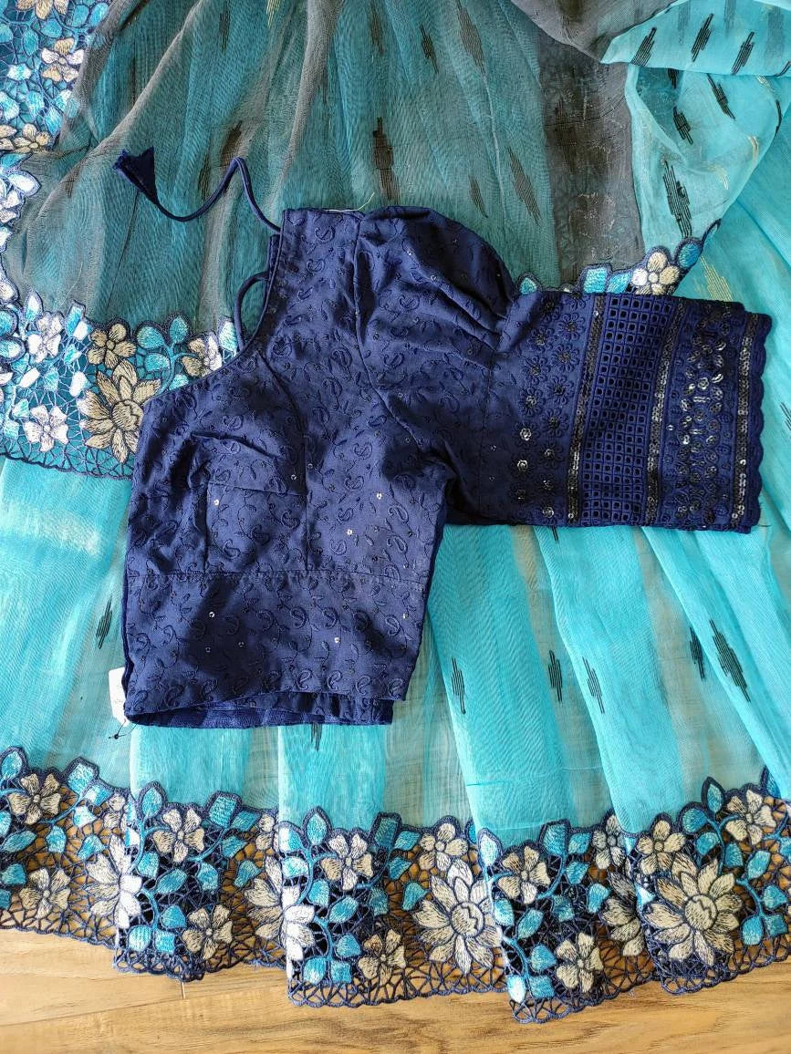 Sky Blue Dhakai Jamdani with Cutwork Embroidery