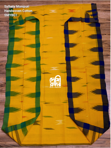 Sylheti Monipuri Handwoven Saree – Mustard Yellow & Green