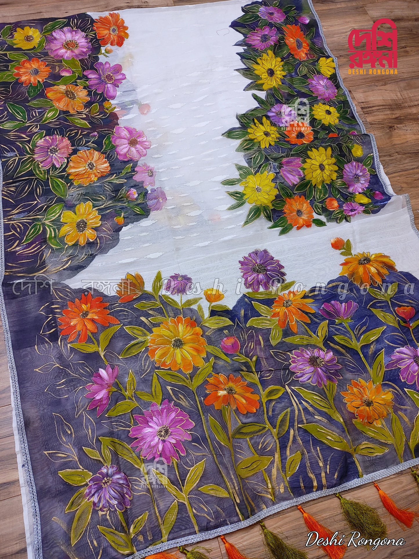 Handpainted Jamdani – Multi Zinnia Theme Saree