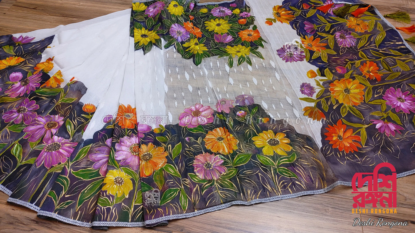 Handpainted Jamdani – Multi Zinnia Theme Saree