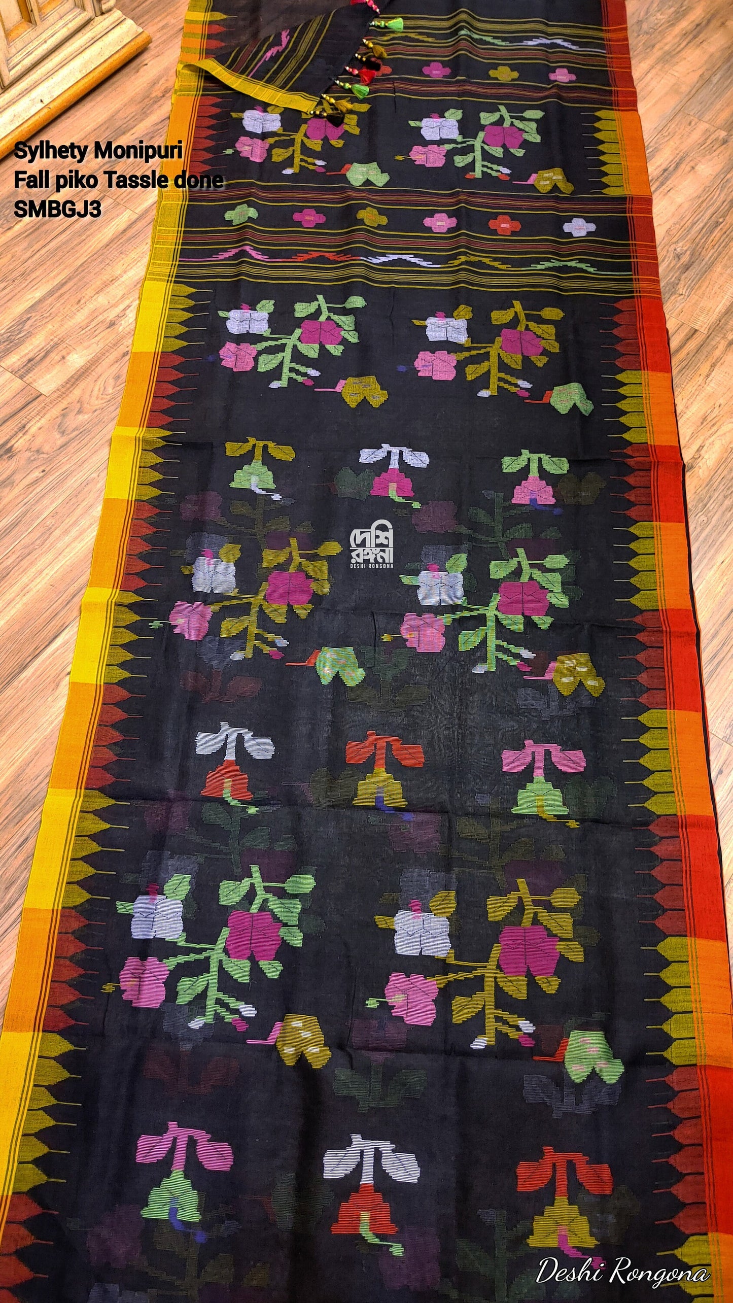 Monipuri Handwoven Cotton Saree, Black & Red-Yellow