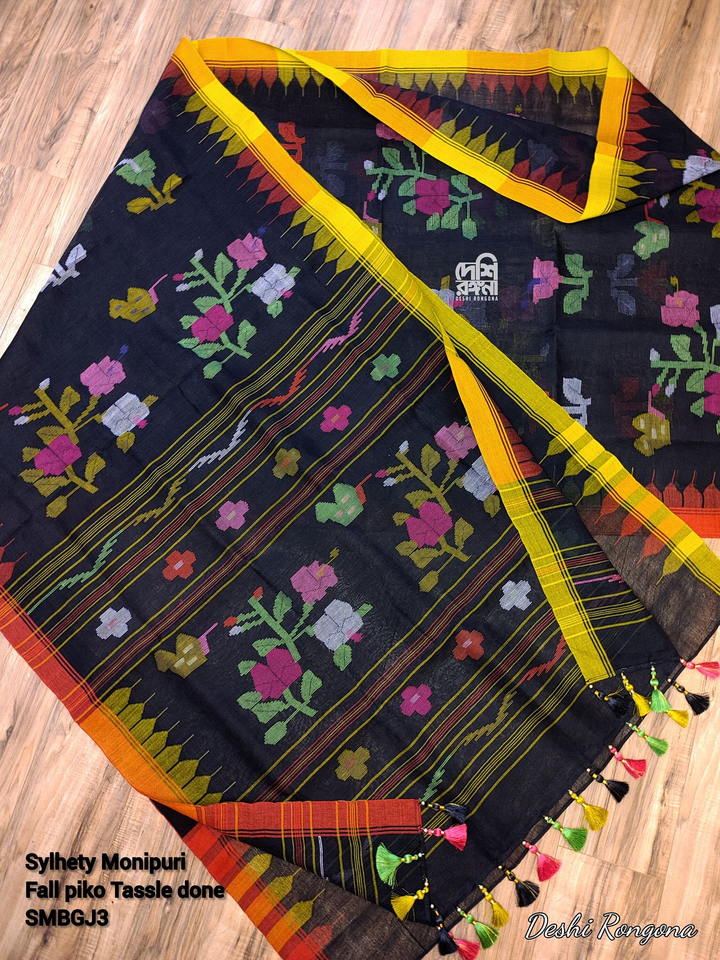 Sylheti Monipuri Handwoven Cotton Saree – Charcoal Black & Red-Yellow Ganga Jamuna Border