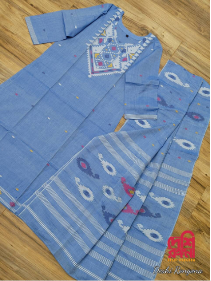 Handwoven Sky Blue Dhakai Jamdani Cotton 3-Piece Set