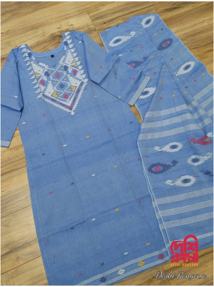 Handwoven Sky Blue Dhakai Jamdani Cotton 3-Piece Set