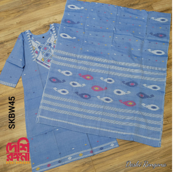 Handwoven Sky Blue Dhakai Jamdani Cotton 3-Piece Set
