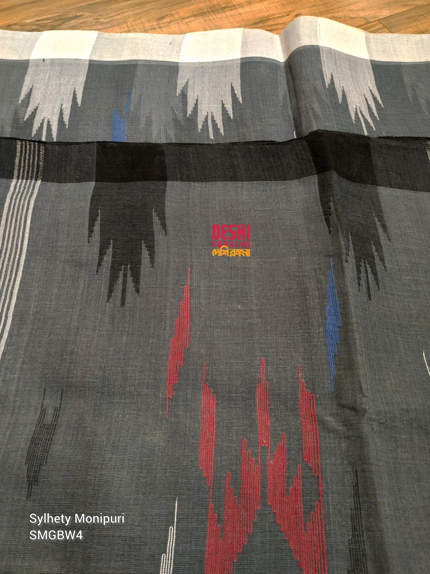 Sylheti Monipuri Handwoven Cotton Saree – Gray & Black