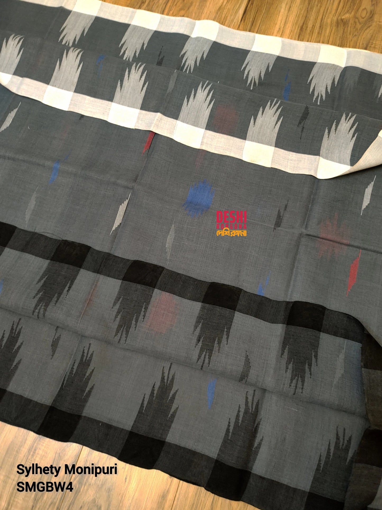 Sylheti Monipuri Handwoven Cotton Saree – Gray & Black