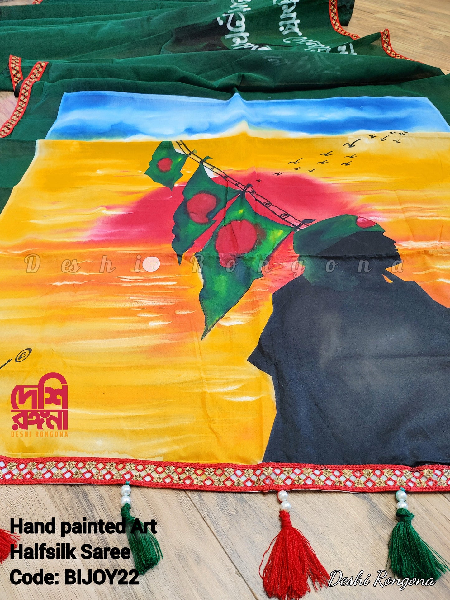 Shadhinota Theme Handpainted Half Silk Saree I Bangladeshi Flag