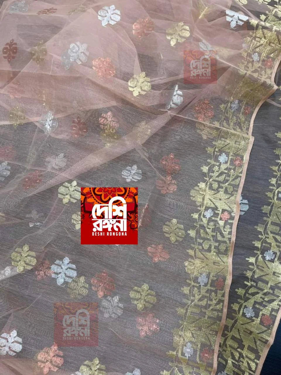 Handwoven Dhakai Jamdani Saree – Light Mauve Halfsilk with Zari