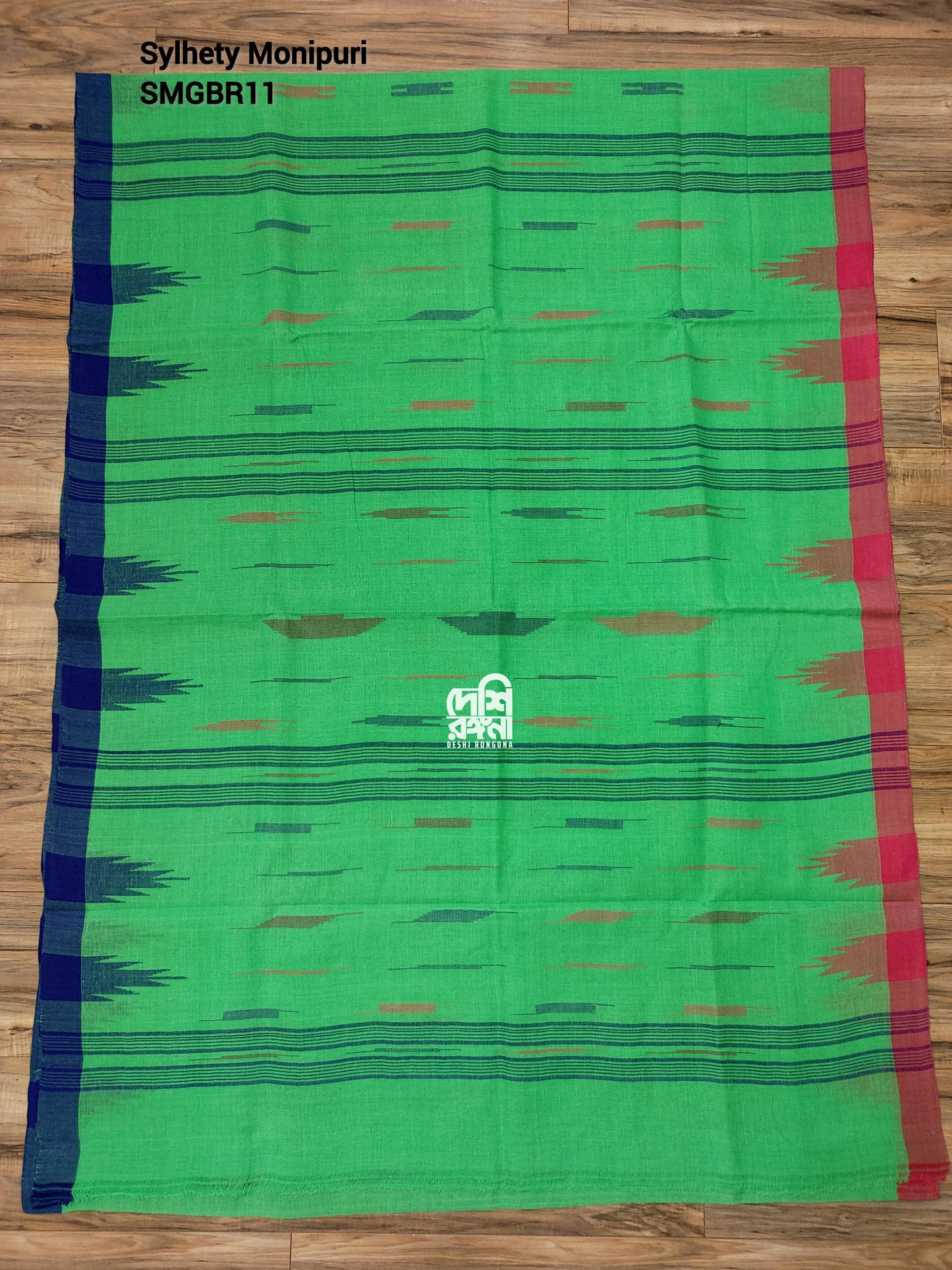 Sylheti Monipuri Handwoven Cotton Saree – Parrot Green