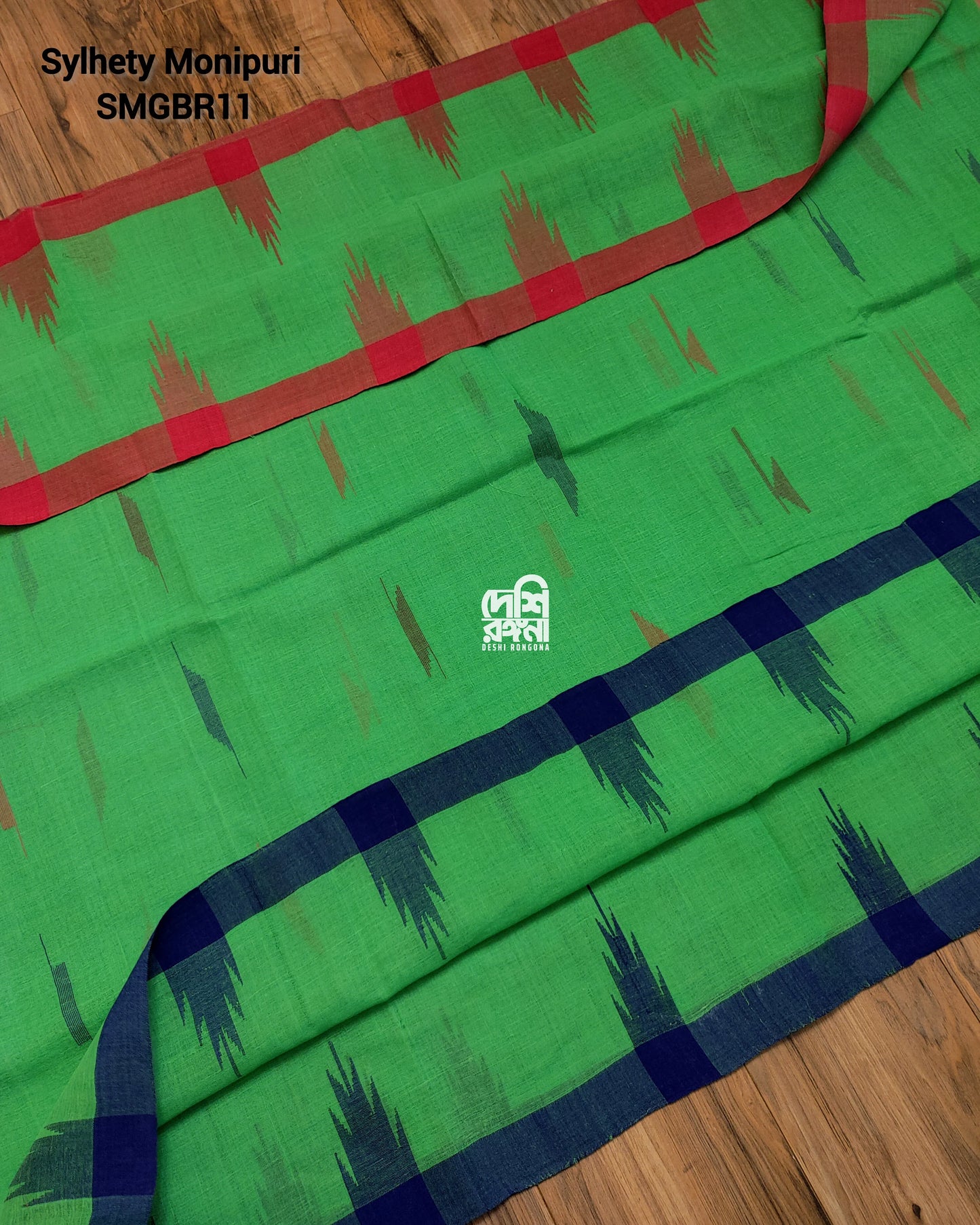 Sylheti Monipuri Handwoven Cotton Saree – Parrot Green