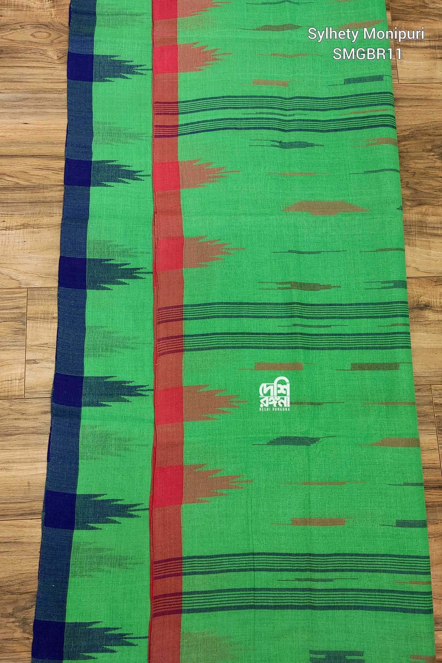 Sylheti Monipuri Handwoven Cotton Saree – Parrot Green
