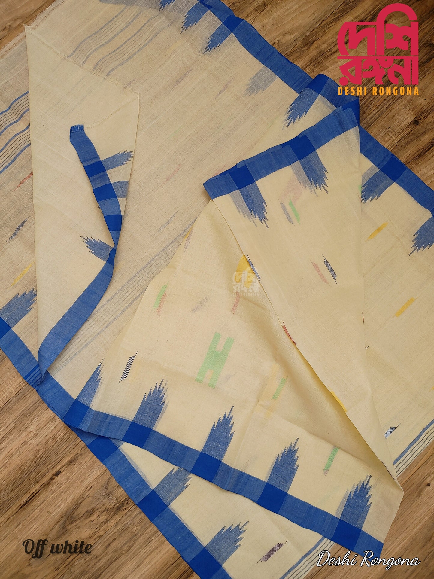Sylheti Monipuri Handwoven Saree – Off White & Blue Border