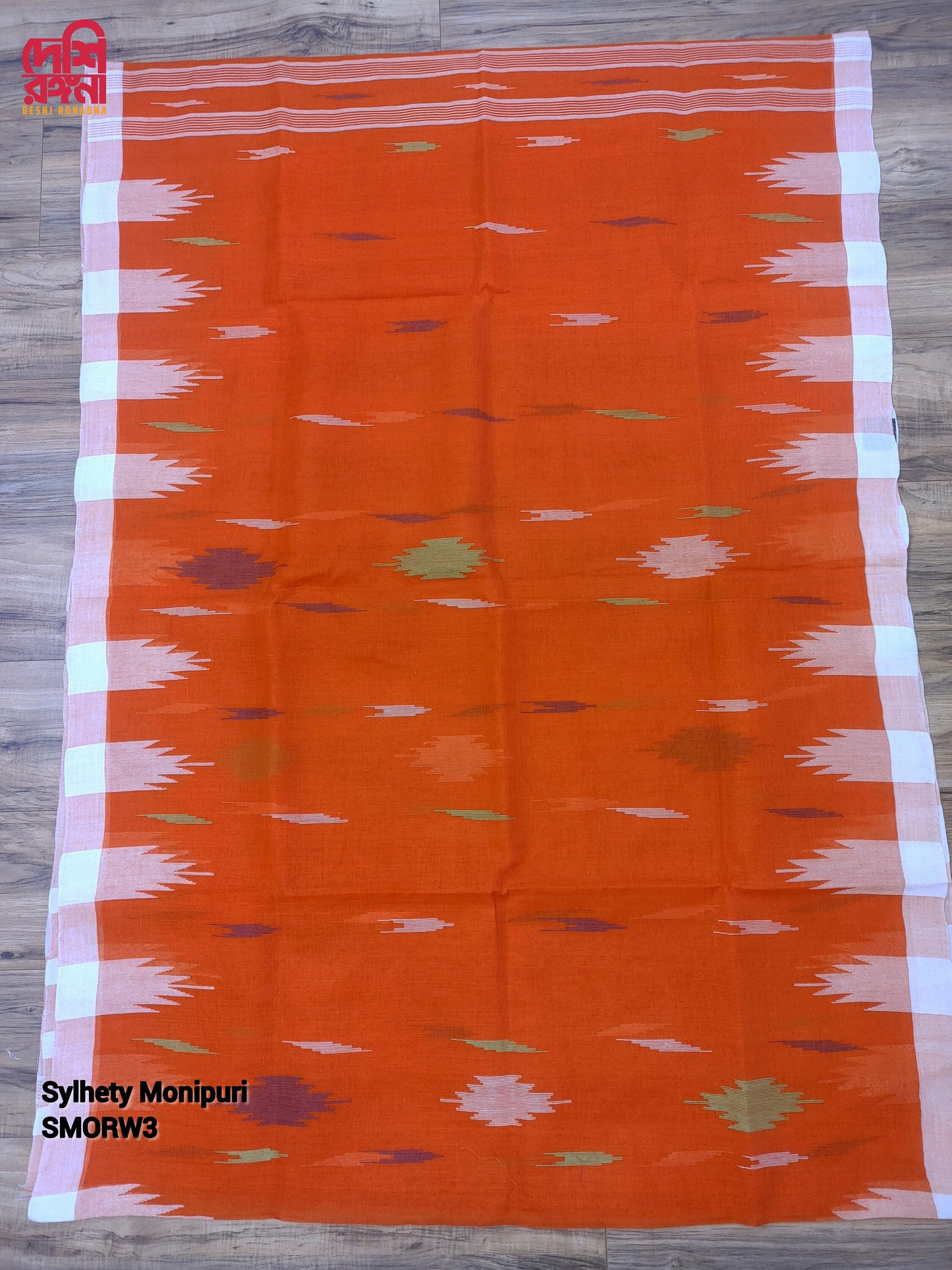 Sylheti Monipuri Cotton Saree – Orange & White Handwoven