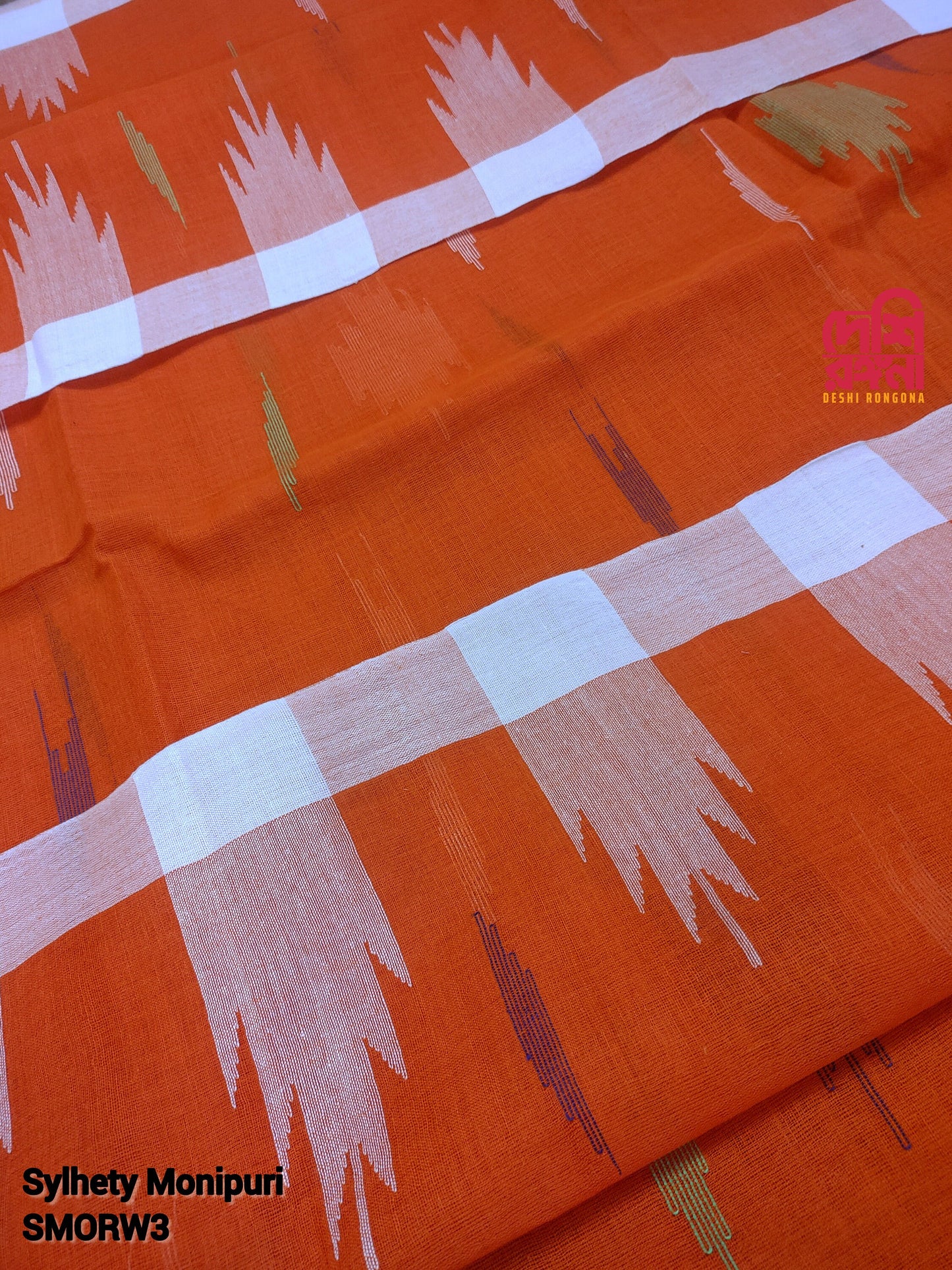 Sylheti Monipuri Cotton Saree – Orange & White Handwoven