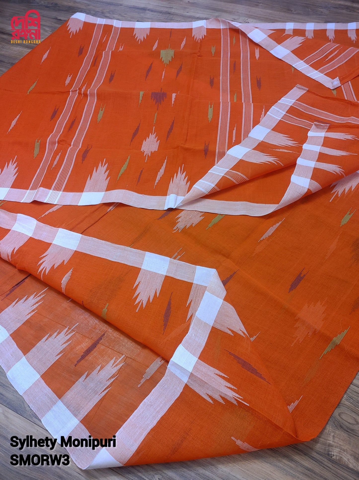 Sylheti Monipuri Cotton Saree – Orange & White Handwoven