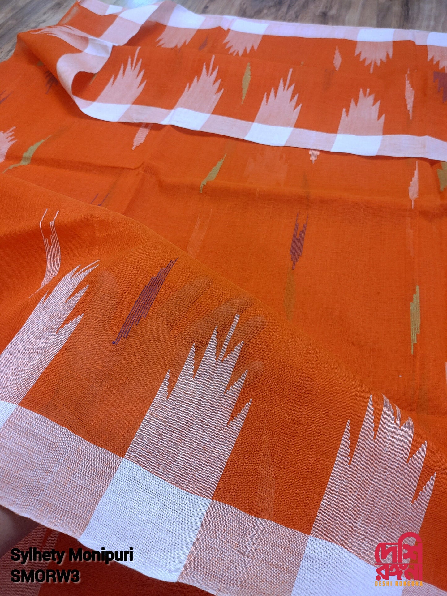 Sylheti Monipuri Cotton Saree – Orange & White Handwoven