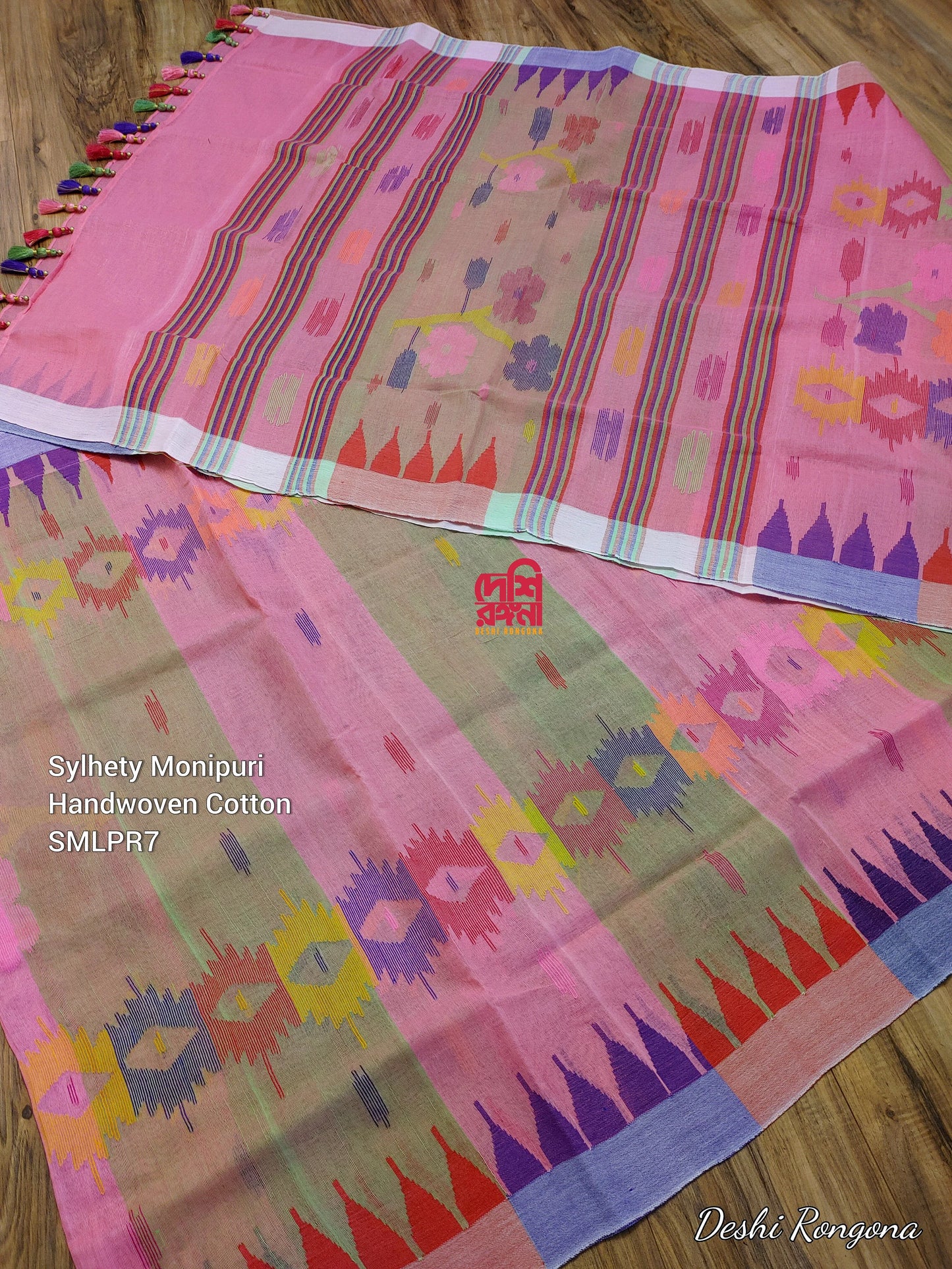 Sylhety Monipuri Handwoven Cotton Saree – Pink & Lime Contrast