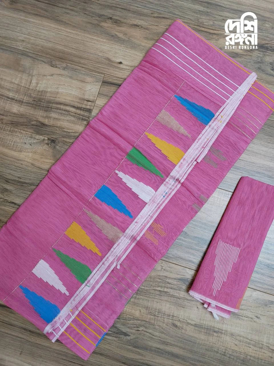 riginal Dhakai Jamdani Saree, Beautiful Pink, Multi-Color Contrast, Handwoven 40 Count Thread