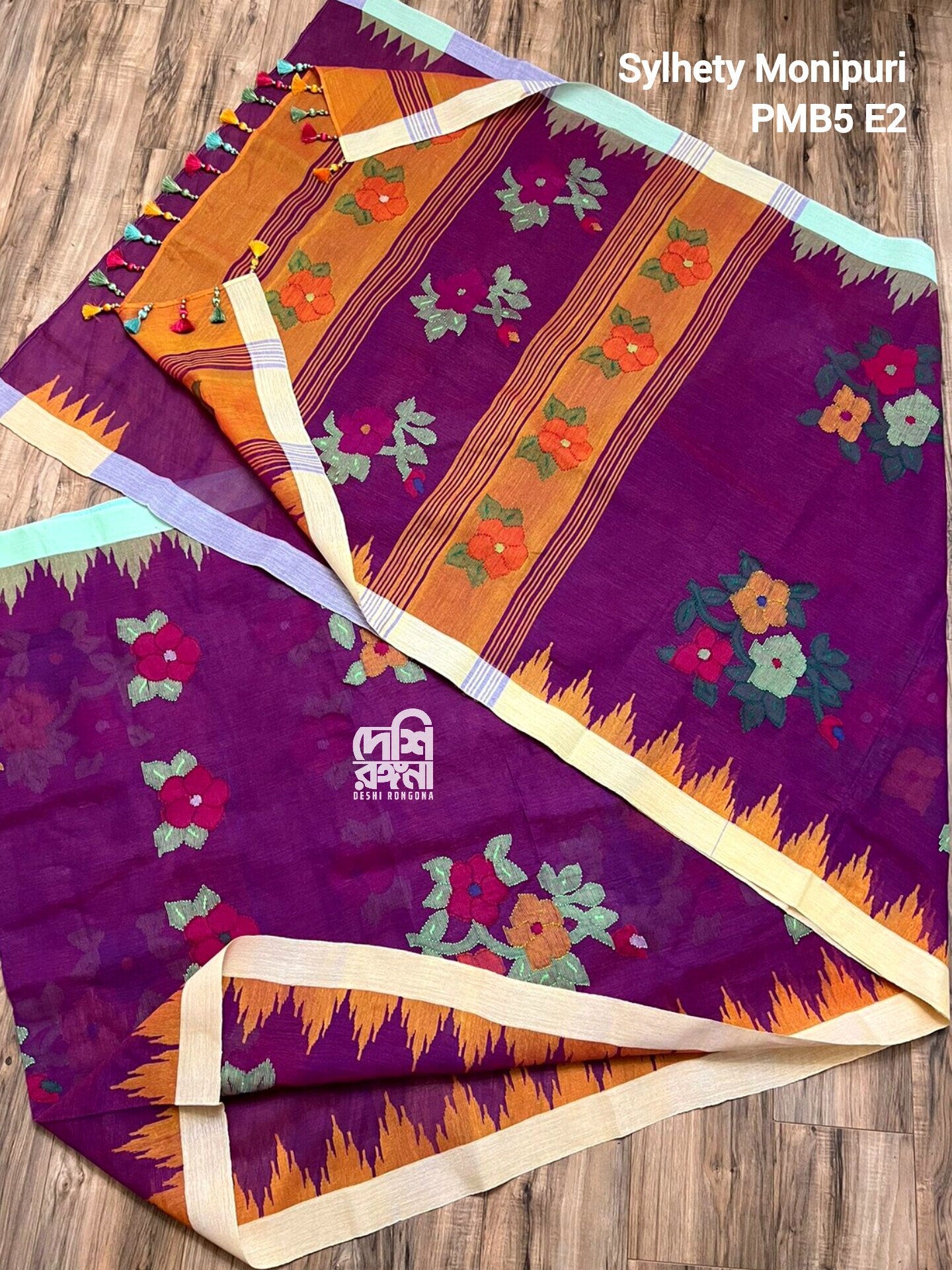 Sylheti Monipuri Handwoven Cotton Saree – Purple Plum Ganga Jamuna