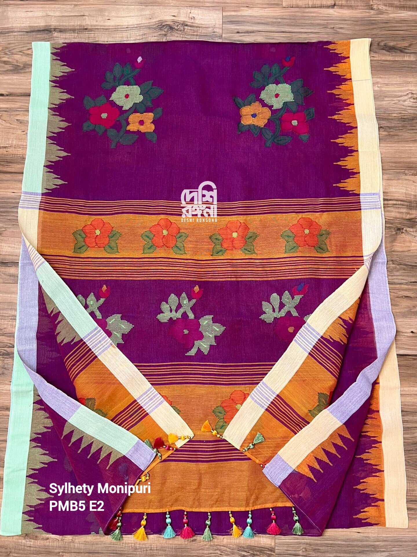 Sylheti Monipuri Handwoven Cotton Saree – Purple Plum Ganga Jamuna