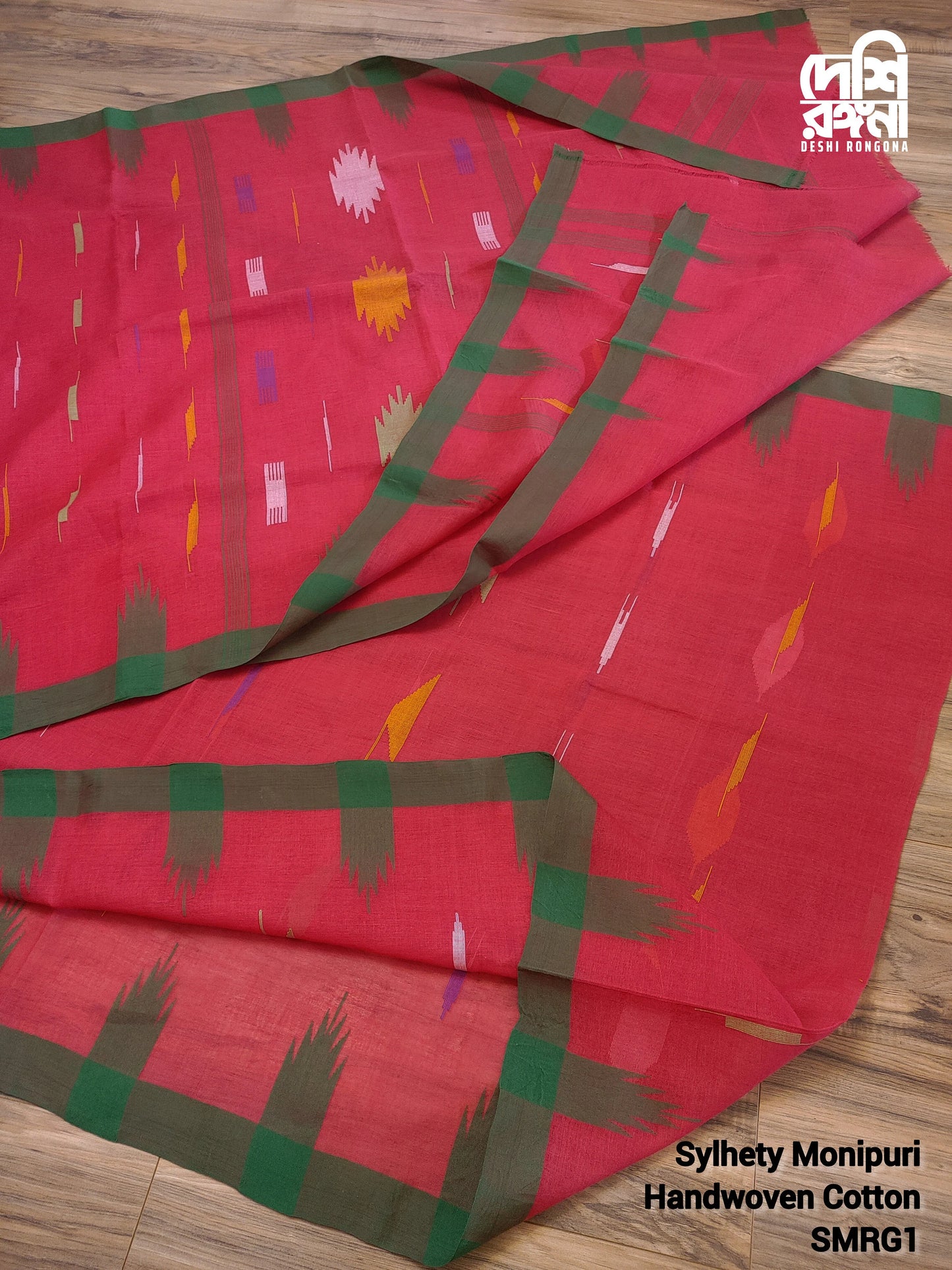 Sylheti Monipuri Handwoven Soft Cotton Saree – Pinkish Red & Green