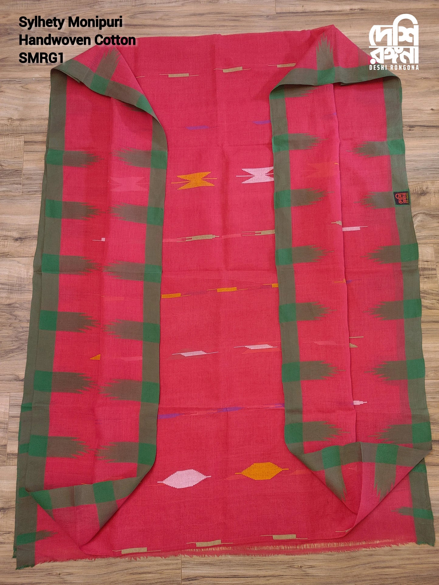 Sylheti Monipuri Handwoven Soft Cotton Saree – Pinkish Red & Green